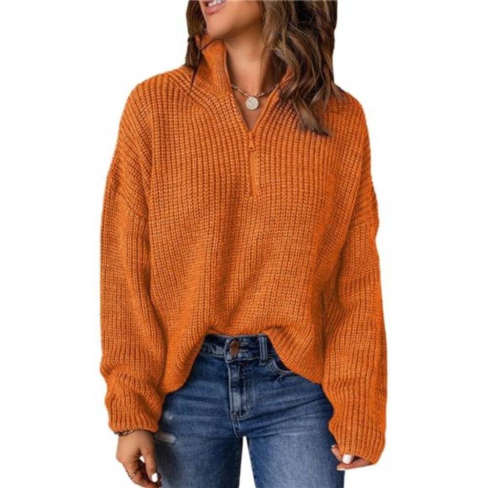 Orange Waffle Knit Long Sleeve 1/4 Zip Pullover Polo V-Neck Sweater